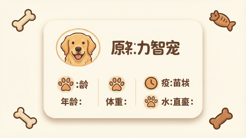 一张简洁的宠物档案信息卡片界面,卡片上有一只金毛犬的头像和名字“原力智宠”,下方排列着年龄、体重、疫苗状态等图标和文字。卡片背景为米白色,带有圆角阴影,周围散落着小骨头和鱼干形状的装饰图标。风格温馨手绘感,布局采用网格排列,细节上图标线条圆润,文字清晰可读。画质干净,无杂乱背景。