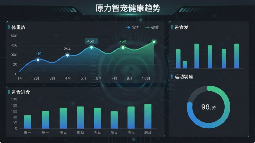 一张数据仪表盘界面截图,标题为“原力智宠健康趋势”,画面中包含体重折线图、进食柱状图和运动环形图。图表颜色采用蓝绿渐变,背景为深灰色科技感风格。布局上图表错落有致,细节上折线图有数据点高亮,柱状图有渐变填充。画质锐利,无多余装饰。