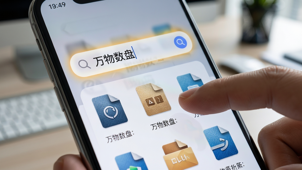 特写镜头展示一只手指在手机屏幕上滑动,屏幕中“万物数盘”的搜索框内输入了关键词,下方立刻弹出多个匹配的文件缩略图,背景为虚化的办公室桌面,构图采用中心聚焦手法,风格写实科技感,细节包括搜索框的高亮光晕和文件图标的细腻质感,画质锐利,干净,无多余元素