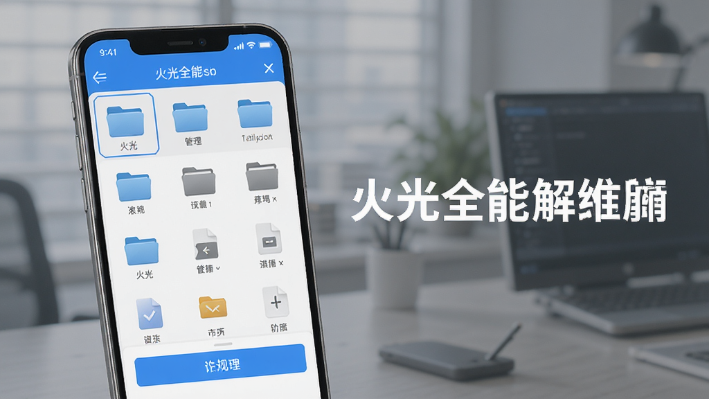 一张展示火光全能解压缩文件管理功能的AI生成图片,画面中手机屏幕显示火光全能解压缩的文件管理界面,包含文件夹图标、文件列表和操作按钮,布局清晰有序,风格简约商务,色调以灰白和蓝色为主,画质干净,画面中带有文字火光全能解压缩