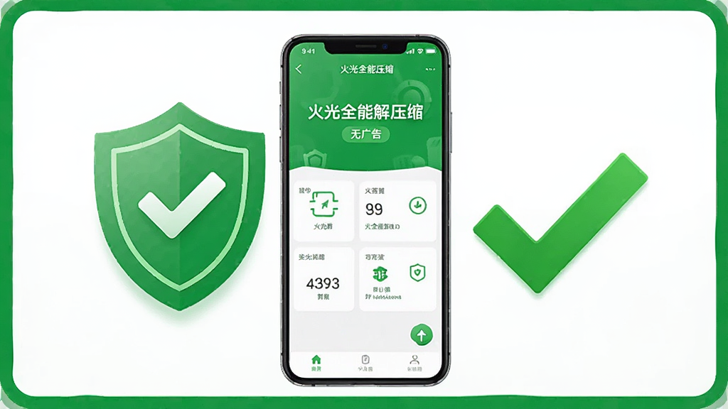 一张强调火光全能解压缩安全无广告特点的AI生成图片,画面中央是一部手机,手机屏幕上显示火光全能解压缩的界面,屏幕周围有一个盾牌图标和绿色对勾,背景干净简洁,色调以绿色和白色为主,整体风格安全可信,画质高清,无多余元素