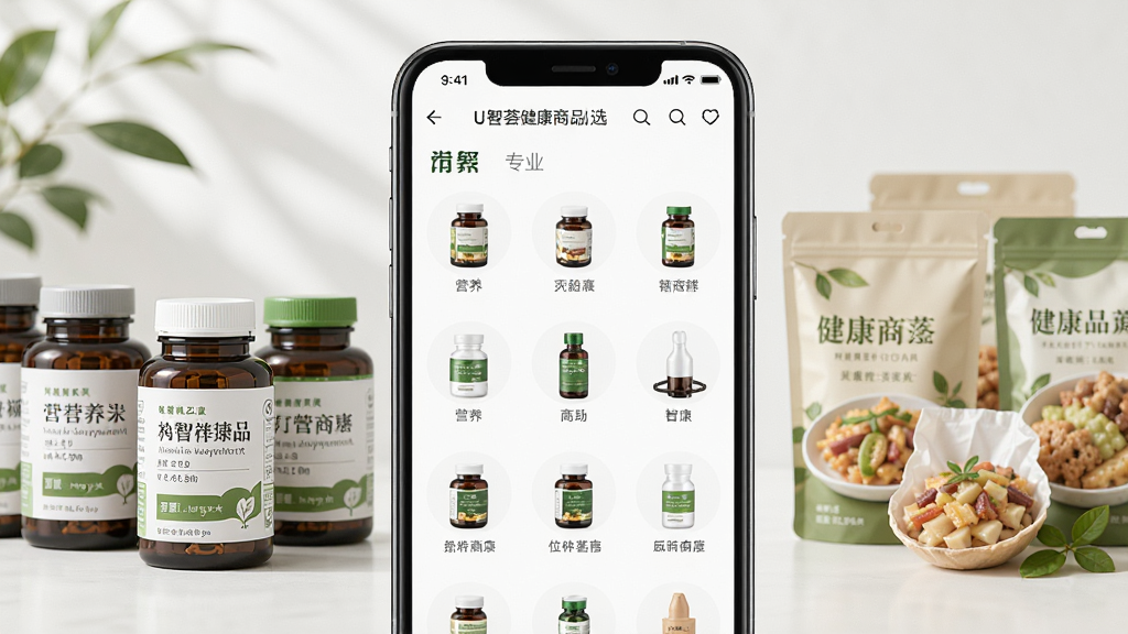 一幅展示U智荟健康商品精选功能的画面,画面主体为手机屏幕特写,屏幕上显示商品分类列表和产品详情页,画面左侧摆放几瓶营养补充剂,右侧放置健康食品包装,整体布局采用左右对称,风格清新自然,细节上商品标签和成分表清晰可见,画质高清,画面干净,无多余元素