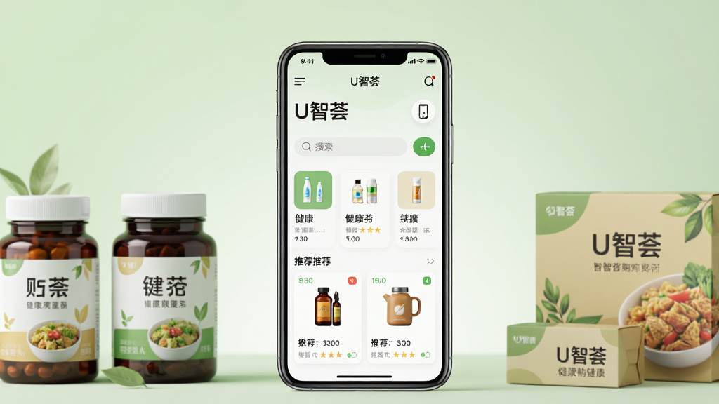 一幅展示U智荟移动端应用界面的场景图,画面中央是一部智能手机,屏幕上呈现U智荟购物商城的首页布局,包含健康产品分类图标、搜索栏和推荐商品卡片,手机周围环绕营养品瓶罐、健康食品包装盒等元素,背景为柔和的浅绿色渐变,整体布局采用居中构图,风格现代简洁,细节上手机屏幕文字清晰可辨,画质高清,画面干净,无多余元素