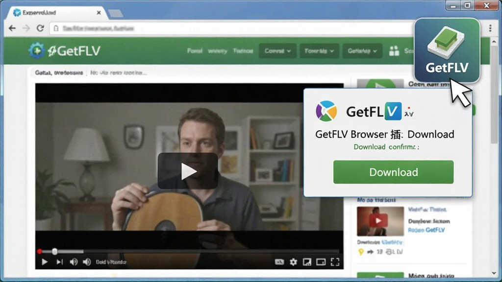 һ��չʾGetFLV��������һ�����ص�ʾ��ͼ��������һ����ҳ��Ƶ���Ž��棬���Ͻ���GetFLV���ͼ�걻����󵯳�����ȷ�Ͽ򣬱���Ϊ��������Ƶ��վ���֣����Ϊ�������չ������ʾͼ��ϸ�ڰ������ͼ�ꡢ���ذ�ť����Ƶ���棬��������������ɾ����޶���Ԫ��
