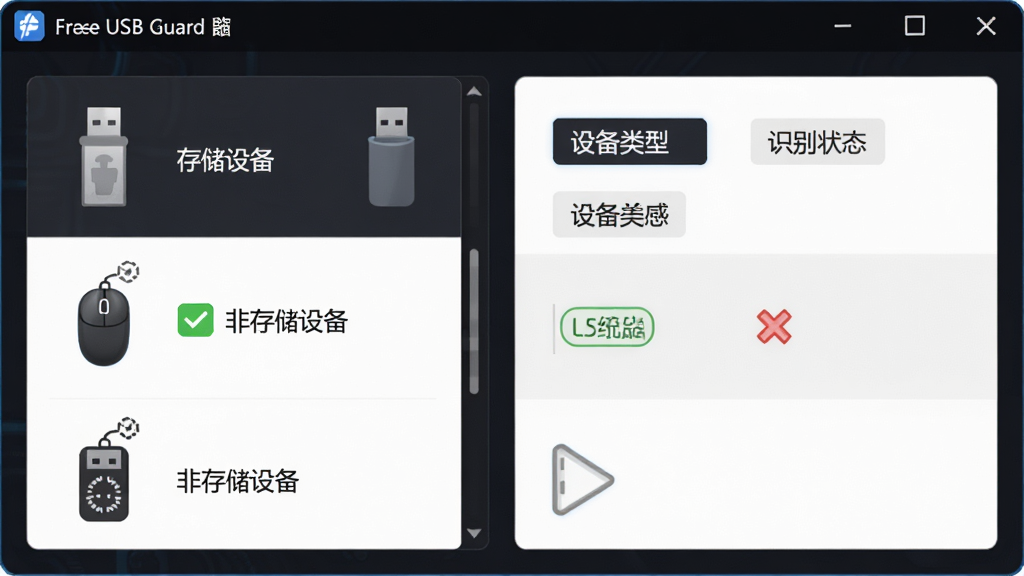 ������ Free USB Guard �������豸ʶ��ģ����棬����Ϊ���ҷ����������USB�豸ͼ���б����Ҳ����豸���ͱ�ǩ��ʶ��״̬���Ű����룬���Ϊ��ɫ�Ƽ��磬ϸ�ڰ���U��ͼ������ʾ���洢�豸�����������ͼ������ʾ���Ǵ洢�豸����������ɫ�Թ��ͺ�ɫ��ű�ʶ������Ϊ���壬����ɾ����޶���Ԫ��