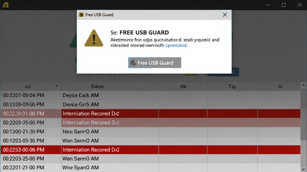 ������ Free USB Guard �����ĸ澯��������־���棬����Ϊ���½ṹ���Ϸ��Ǹ澯��ʾ���ڣ��·�����־�б������Ű���������Ϊ�����Լ�磬ϸ�ڰ��������еĻ�ɫ��̾��ͼ�ꡢ��־�����е�ʱ������豸�����С���ɫ������ǵ����ؼ�¼������Ϊ���壬����ɾ����޶���Ԫ��