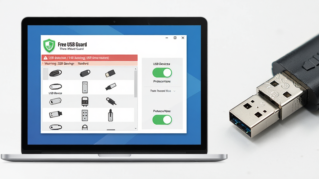������һ̨�칫���ϵıʼǱ����ԣ���Ļ����ʾ Free USB Guard ���������棬��������USB�豸�б��ͷ������ذ�ť�����ֲ��þ��й�ͼ��������������ڣ��Ҳ���U�̺�USB�ӿڵ�ʵ����д���Ű������������Ϊ�ִ��Ƽ��б�ƽ����ƣ�ϸ�ڰ������������ϵ���ɫ����ͼ�ꡢ��ɫ������ʾ����USB�豸ͼ�꣬����Ϊ����4K������ɾ����޶���Ԫ��
