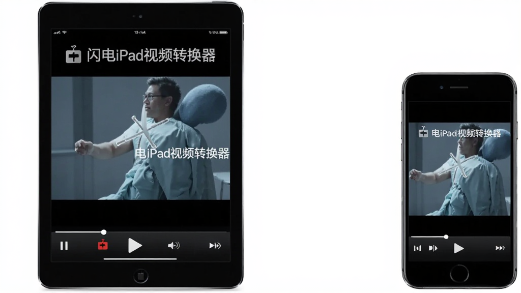 һ��չʾ����iPad��Ƶת����ƻ���豸�Ż����ܵ�ͼƬ��������һ̨iPad��һ̨iPhone������ʾ���ڲ�����Ƶ������Ϊ���ҶԳƣ��Ű��࣬���Ϊдʵ��Ʒ�磬ϸ�ڰ����豸��Ļ����ʾ������Ƶ����͡�����iPad��Ƶת������ˮӡ��ʶ�����ʸ��壬�ɾ����޶���Ԫ��