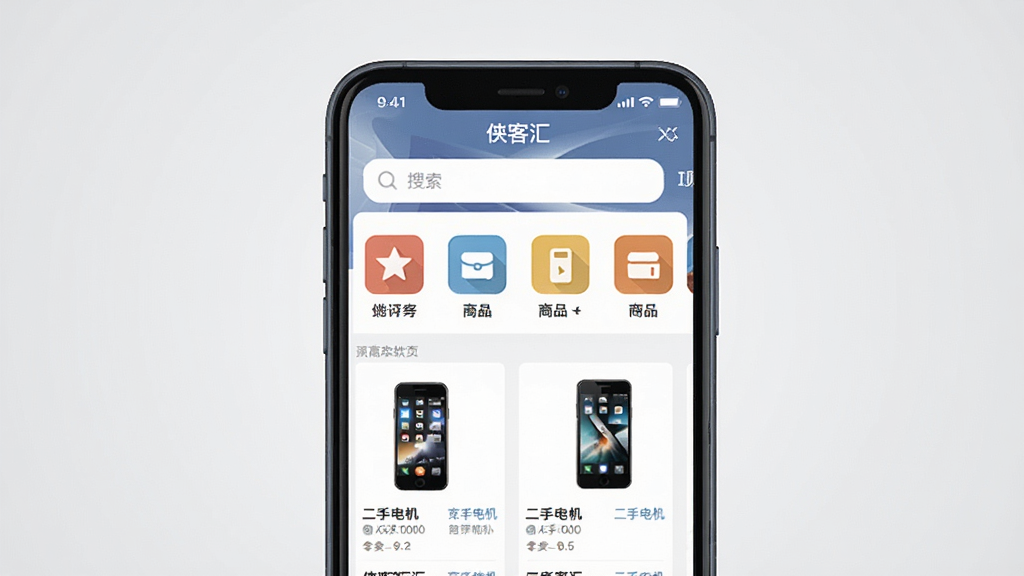 侠客汇软件主界面预览图,画面中央是一部智能手机展示侠客汇应用首页,页面布局清晰,顶部搜索栏,中间商品分类图标,下方为二手手机商品列表。背景为浅灰色渐变,整体风格简洁现代,扁平化设计,画面干净无多余元素,高清晰度,产品展示风格,屏幕内文字为中文界面,包含