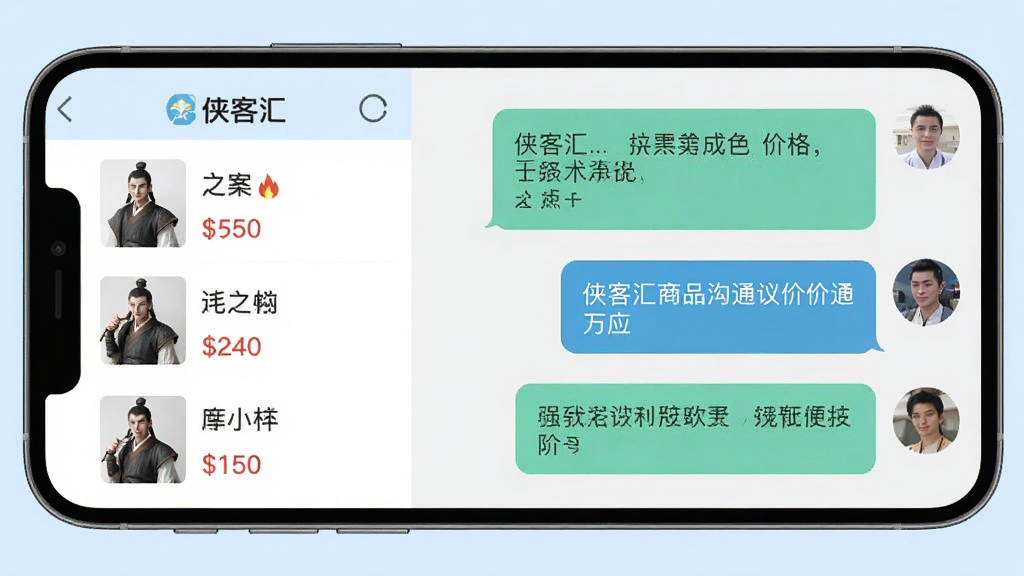 侠客汇在线沟通议价界面示意图,画面展示手机聊天窗口界面,左侧为商品缩略图与价格信息,右侧为对话气泡,双方正在沟通商品成色与价格。背景为柔和浅蓝色,风格清爽干净,扁平化设计,画面简洁无杂乱元素,高清晰度,屏幕内文字为中文,包含