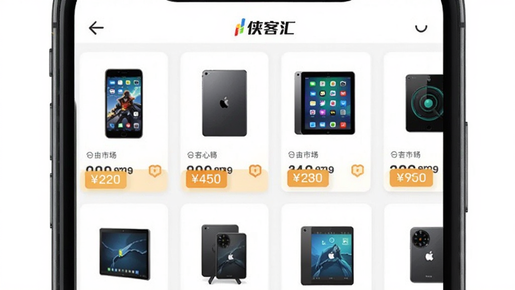 侠客汇自由市场交易功能展示图,画面为一部手机屏幕特写,屏幕上显示侠客汇自由市场页面,多个商品卡片整齐排列,包含手机、平板等数码产品图片,每个卡片下方有价格标签。背景为纯白色,风格清新简约,扁平化UI设计,细节清晰,画质干净明亮,屏幕中可见