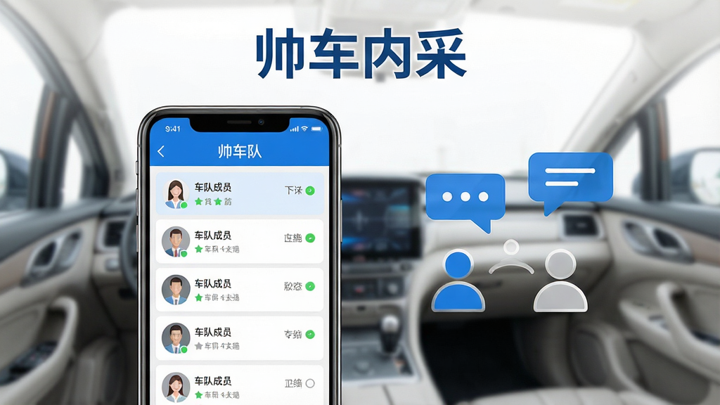 一张展示帅车内采车队协作管理功能的场景图,画面中一部手机屏幕显示车队成员列表与在线状态,旁边有抽象的多人协作图标与消息气泡,屏幕上方标注“帅车内采”字样,整体风格简洁明快,配色以蓝白灰为主,画质干净清晰,无多余元素