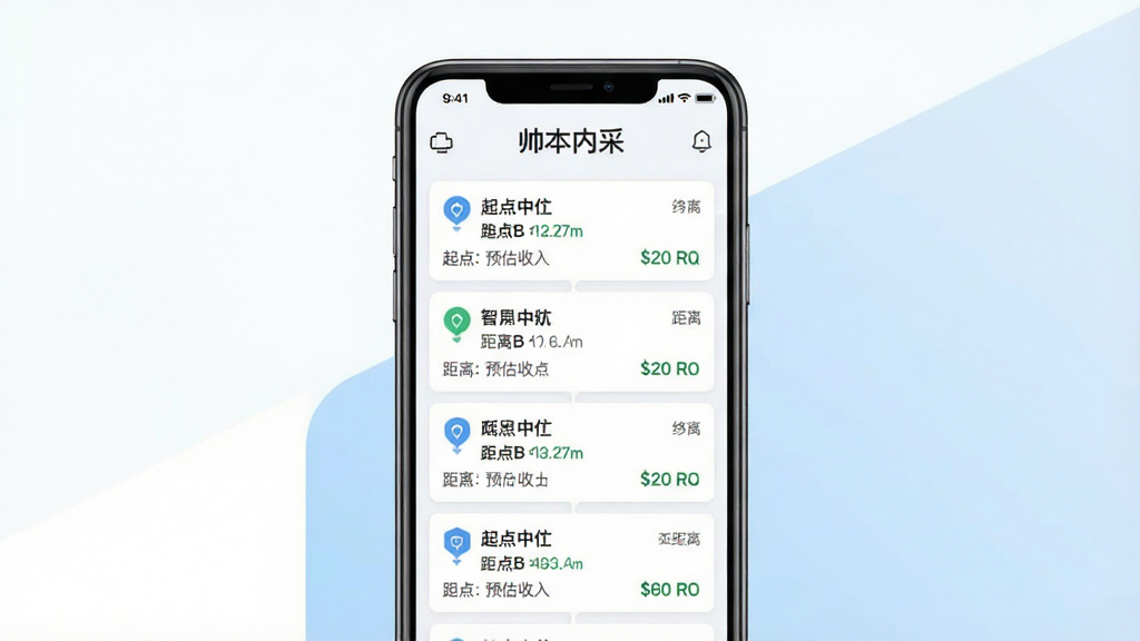 一张展示帅车内采智能订单聚合功能的界面示意图,画面中心为手机屏幕,屏幕内显示多个订单卡片以瀑布流形式排列,每张卡片包含起点终点、距离与预估收入等信息,屏幕上方有“帅车内采”文字标识,背景为干净的白色与浅蓝色搭配,风格清新商务,画质清晰,无多余装饰元素