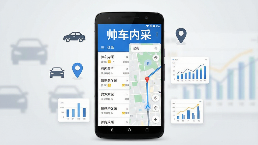一张展示帅车内采手机应用主界面的竖版截图风格图片,画面中央是一部安卓手机,屏幕内呈现帅车内采的订单列表与地图导航混合界面,顶部有醒目的软件名称“帅车内采”字样,界面配色以蓝色和白色为主,手机周围环绕简洁的出行元素如小汽车图标、定位符号与数据图表,背景为干净的浅灰色渐变,整体风格现代简约,画质清晰,细节丰富,无多余杂乱元素