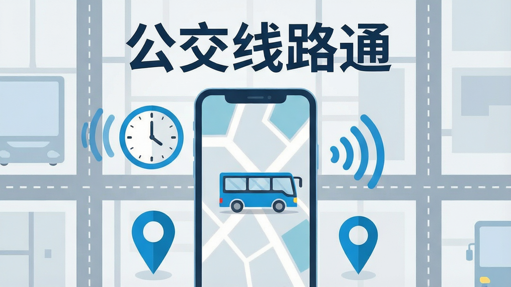 一张信息图表风格的插画,画面中央是一部大屏手机,手机屏幕显示地图和移动中的公交车图标,周围环绕着时钟、定位标记和信号波纹。手机上方有醒目的文字“公交线路通”。背景是简化的城市道路网格,整体配色为科技蓝与浅灰,风格现代简洁,文字清晰,画质干净,无杂乱元素。