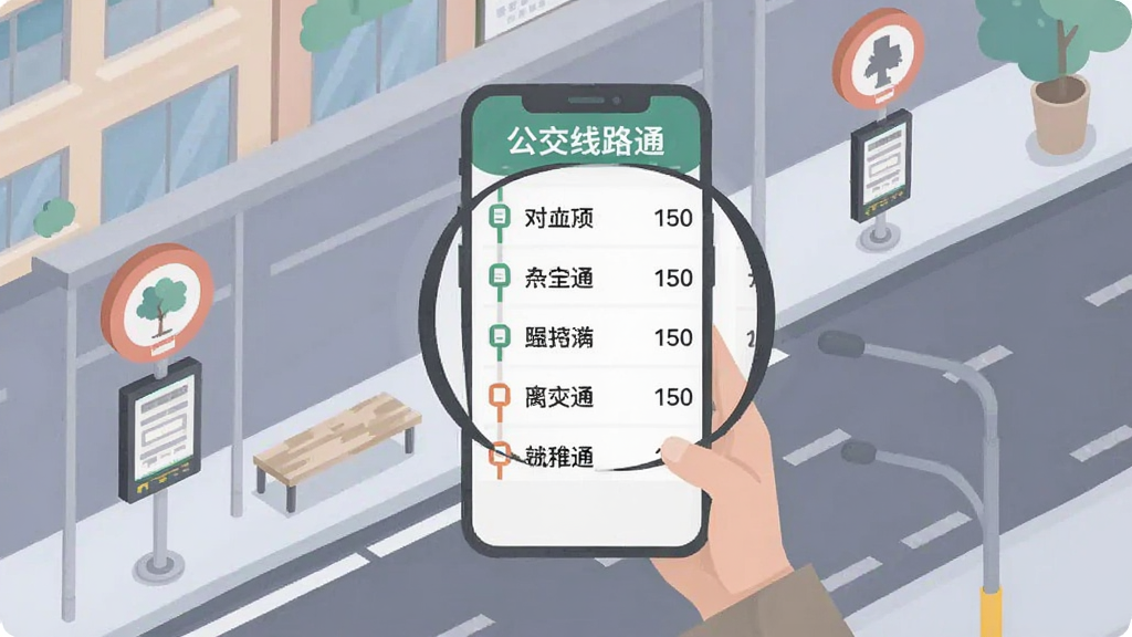 一张俯视视角的城市街区插画,画面中有一条街道和几个公交站牌,一位行人拿着手机,手机屏幕放大显示“公交线路通”的附近站点列表,列表中有站点名称和距离数值。整体风格为矢量扁平插画,色彩柔和,构图清晰,画质干净,无多余装饰。