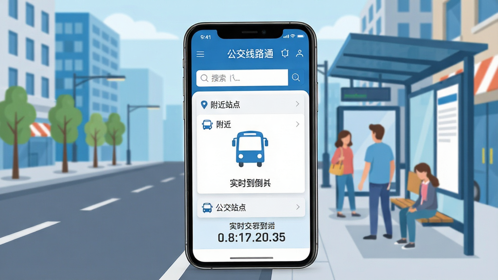 一张展示智能手机屏幕的图片,屏幕中显示“公交线路通”应用程序主界面,界面包含搜索框、附近站点列表、公交车图标和实时到站倒计时。背景为城市街道与公交站台,有乘客正在候车。整体采用扁平化设计风格,色彩以蓝色和白色为主,画面干净明亮,细节清晰,画质高清,无多余元素。