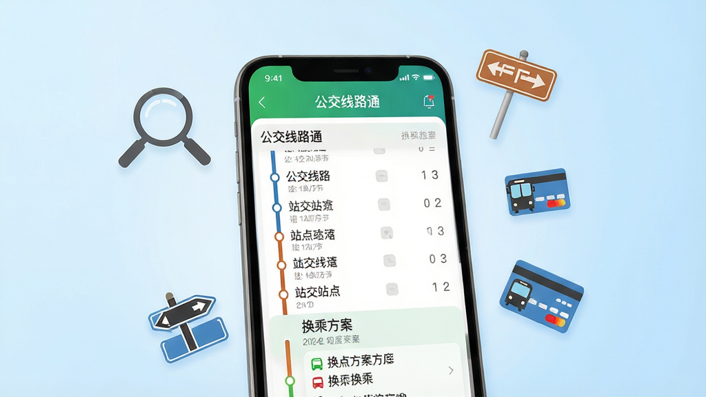 一张展示手机应用界面的图片,画面中手机屏幕呈现“公交线路通”的线路查询结果页,包含线路列表、站点详情和换乘方案。手机周围漂浮着放大镜、路标和公交卡等小图标。背景为柔和的浅蓝色渐变,风格清新明快,文字内容清晰可辨,画质高清,画面整洁无干扰。