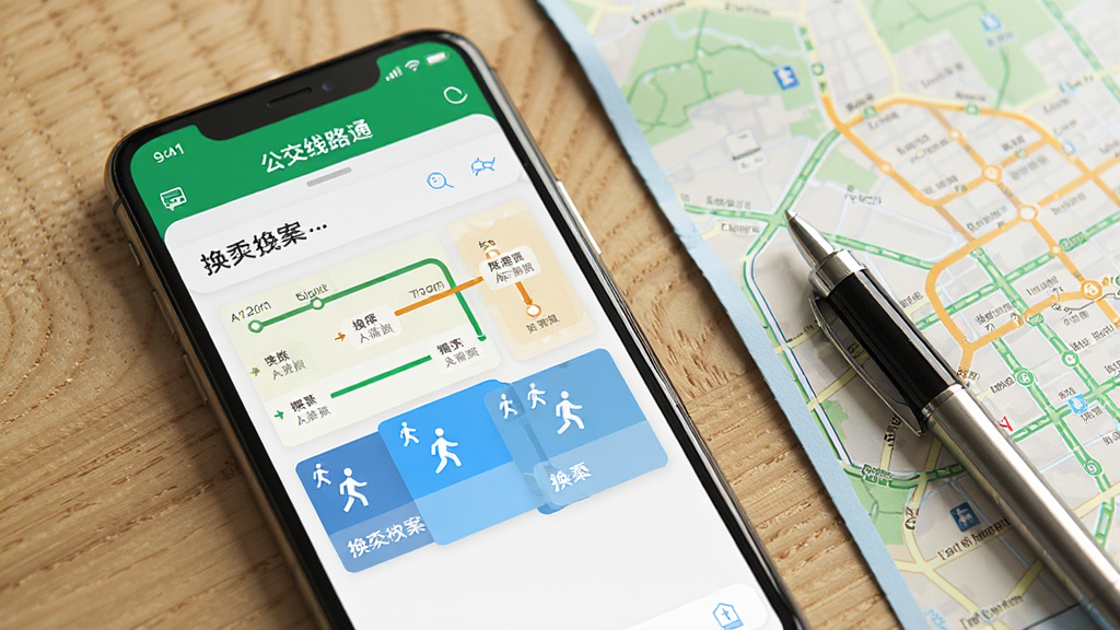 一张展示手机屏幕的图片,屏幕中“公交线路通”应用显示换乘方案页面,有不同颜色的线路卡片和步行图标。手机旁边放置着一张城市地图和一支笔。背景为木质桌面,整体风格写实但简洁,光线明亮,画质清晰,无多余物品。