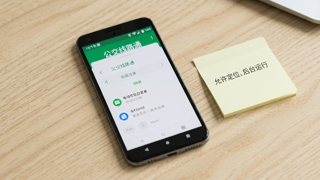 一部安卓手机放置在桌面上,屏幕显示“公交线路通”的权限设置页面和电池优化白名单界面。手机旁边有一张便签纸,上面写着“允许定位、后台运行”。背景为浅色木纹桌面,光线柔和,风格写实,画质清晰,画面干净无杂物。