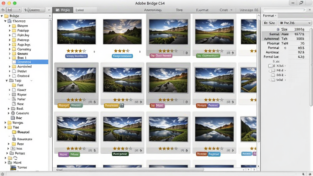 һ��չʾ Adobe Bridge CS4 ����ͼ��������ͼƬ����������һ��������ķ羰��Ƭ����ͼ��ÿ��ͼƬ�·������Ǽ����ֺͲ�ɫ��ǩ�����Ŀ¼��������ʾ��ǰ�ļ��У��Ҳ����չʾ�ļ���С���ʽ��Ϣ��������Ϊ��ˬ�����İ칫�磬����ϸ��ɾ����޶���Ԫ��