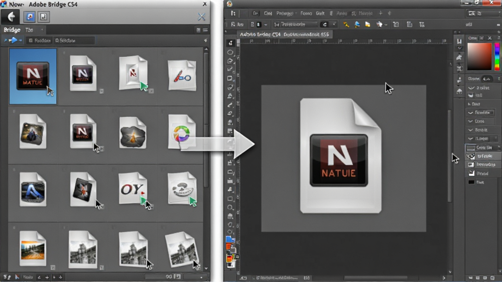 һ��չʾ Adobe Bridge CS4 �� Photoshop Эͬ�����ĳ���ͼ����������� Bridge ������ͼ��壬�Ҳ��� Photoshop �ı༭���棬�м���һ����ק��ͷʾ���ļ����䣬������Ϊ�ִ���ƹ����ҷ磬ϸ�ڰ�������ͼ�ꡢ�ļ�·���Ͳ�����꣬���������ɾ����޶���Ԫ��