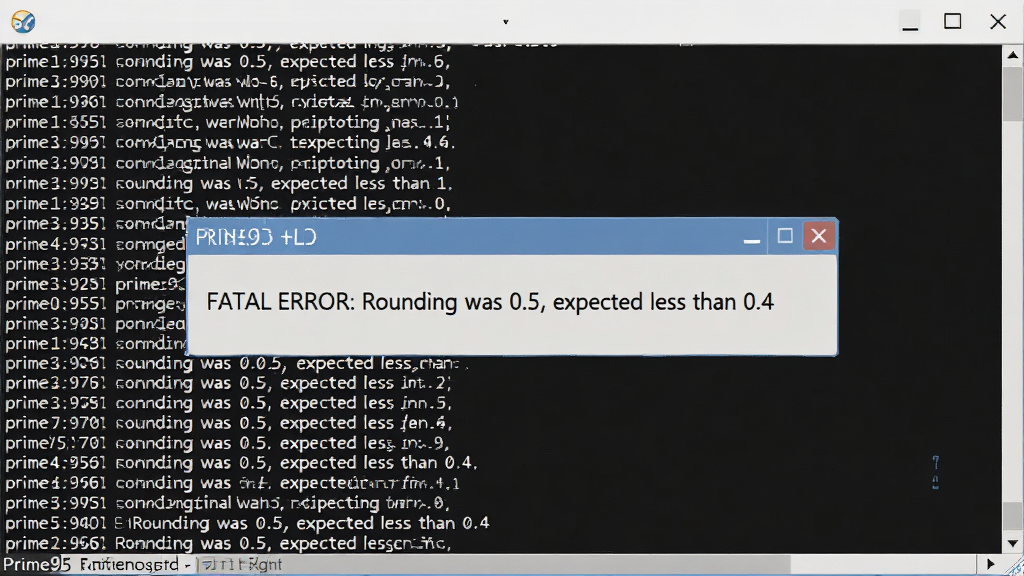 һ��չʾPrime95��־�ļ��������ʾ�Ľ����ͼ���廭����������һ����������д�š�FATAL ERROR: Rounding was 0.5, expected less than 0.4���������ǹ����еİ�ɫ�ı���־�����Ϊ���ֽ�����ƣ����ʸɾ����޶���Ԫ��