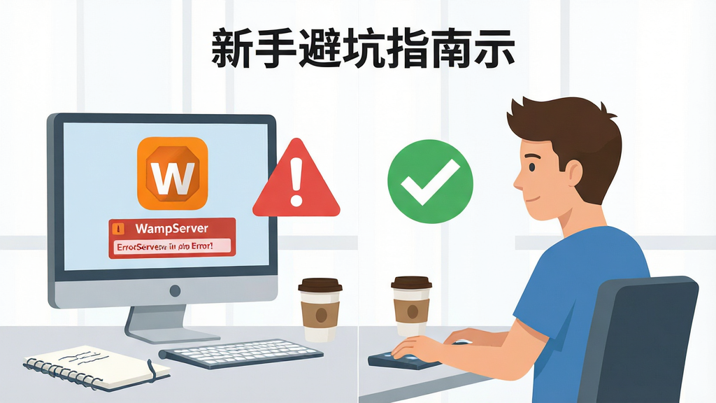 ���ֱܿ�ָ��ʾ��ͼ��������һλ�������Ա���ڵ���ǰ����Ļ��ʾ WampServer ��ɫͼ���������ʾ���Ա��к�ɫ�����־����ɫ�Թ��Աȣ�����Ϊ���ҶԱȣ����Ϊ��ƽ�������廭��ϸ���бʼǱ��뿧�ȱ��������������ɾ����޶���Ԫ��