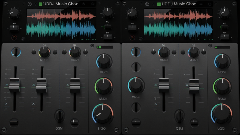 ����ΪUUDJ���ֺе�DJ�����������棬���ֲ�������˫��Գ���ƣ��Ű�Ϊ�Ϸ�����ͼ�·�������ť�����Ϊרҵ��Ƶ����վ�ʸУ�ϸ�ڰ�����������ӡ���ת��EQ��ť����ɫ��Ƶ���Σ����ʸ���ɾ��޶���Ԫ�ء�