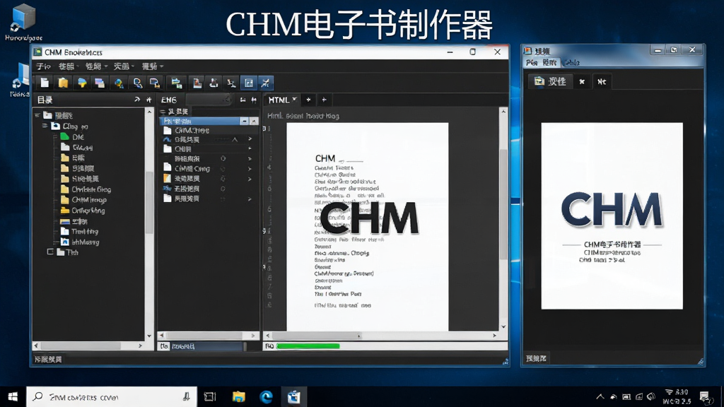 CHM��������������������ȫ��չʾ������ΪWindows����˵������������������ڣ����ַ�Ϊ���Ŀ¼����塢�м�HTML�༭�����Ҳ�Ԥ�����ڣ��Ű��η��������Ϊ�������Ƽ��磬ϸ�ڰ�����������ť���ļ��б�����������CHMͼ��Ԫ�أ����������ɾ��޶���Ԫ�أ���Ļ����ʾ����