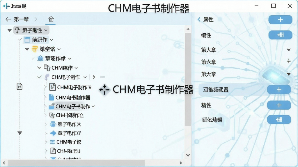 CHM���������������ӻ�Ŀ¼�༭����չʾ������Ϊ����Ŀ¼�ṹ�༭���棬����Ϊ�������Ŀ¼�ڵ㡢�Ҳ�����������壬�Ű��������򣬷��Ϊ����ǳɫ�Ƽ��磬ϸ�ڰ�����קͼ�ꡢ�㼶�����ߡ��½ڽڵ㡢����ɾ����ť�����������ɾ��޶���Ԫ�أ������б�ע����