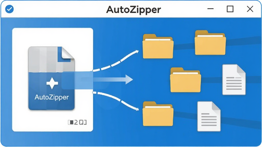 һ��չʾAutoZipper�Զ���ѹ���ܵ�ʾ��ͼ��������һ��ѹ�����ļ��������������ں��Զ�չ��Ϊ����ļ��к��ĵ�ͼ�꣬�����б�ע