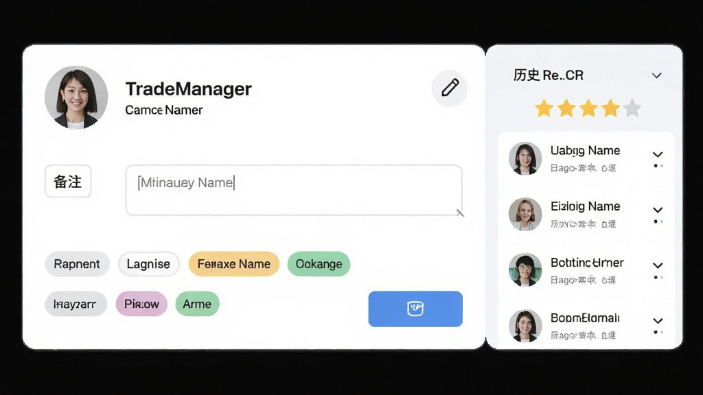 һ��չʾTradeManager�ͻ����ϱ�ע���ܵ�AI��ͼ����������ʾ�����Ϣ��Ƭ������ͷ�񡢹�˾���ơ���ע����򡢱�ǩѡ�������Ҳ����Ǽ���������ʷ��¼�б����������ǳɫ��ϸ�ڰ����༭ͼ�ꡢ���水ť����ǩ��ɫ�������������ɾ����޶���Ԫ��