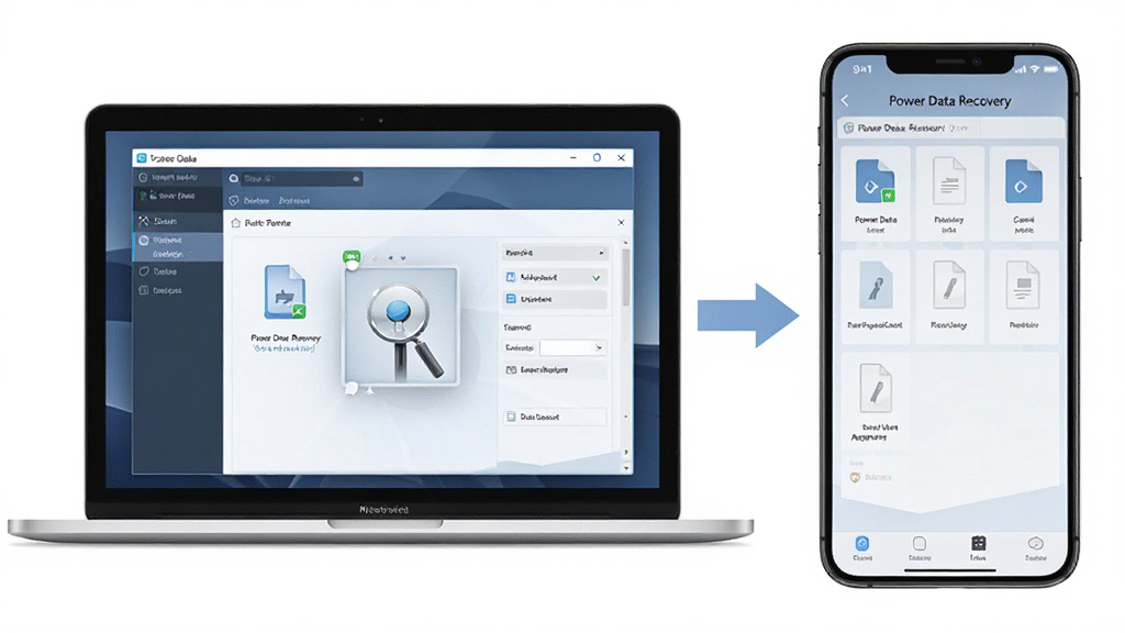 һ��չʾ Power Data Recovery �ڵ��Ժ��ֻ�˫��ʹ�ó�����ͼƬ���������Ϊ�ʼǱ�������Ļ��ʾ����ɨ����棬�Ҳ�Ϊ�����ֻ���Ļ��ʾ�ƶ��˻ָ����棬�м��ü�ͷ���ӱ�ʾ���ݻ�ͨ�����Ϊ�ִ���Լ�磬ϸ�ڰ����豸��ۡ�����Ԫ�ء��ļ�ͼ�꣬���ʸ��壬�ɾ����޶���Ԫ��