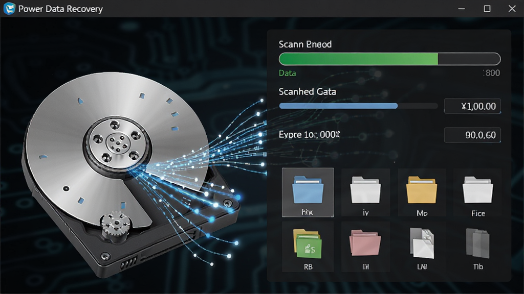 һ��չʾ Power Data Recovery ���ɨ�����湤��״̬��ͼƬ������������������ʾɨ�����������ɨ�������������ҵ����ļ�����ͳ�ƣ�����Ϊ��ɫ�Ƽ����ϸ�ڰ���������Ƭʾ�⡢����������Ч�����ļ����ͷ���ͼ�꣬���ʸ��壬�ɾ����޶���Ԫ��