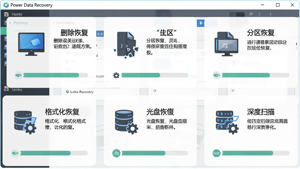 һ��չʾ Power Data Recovery �ೡ���ָ�ģʽ��ʾ��ͼ�����������������Ϊ�������ģ�鿨Ƭ���ֱ��ע��ɾ���ָ��������ָ�����ʽ���ָ������ָ̻������ɨ�裬ÿ����Ƭ���ж�Ӧ��ͼ��ͼ�Ҫ˵�������岼�����룬���Ϊ��ƽ���Ƽ��磬ϸ�ڰ����豸ͼ�ꡢ�ļ���Ƭͼʾ������ָʾ�����ʸ��壬�ɾ����޶���Ԫ��