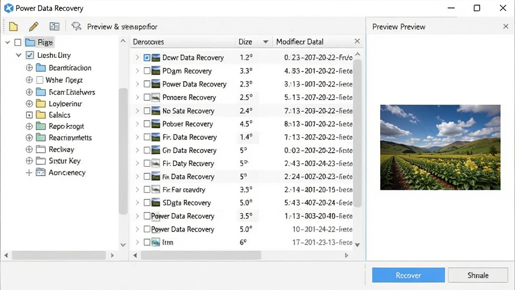 һ��չʾ Power Data Recovery �ļ�Ԥ����ѡ���Իָ������ͼƬ�������������������Ϊ�ļ�Ŀ¼�����м�Ϊ�ļ��б����Ҳ�ΪԤ��������ʾһ����Ƭ����ͼ���ײ��лָ���ť�����Ϊ��ˬǳɫUI��ϸ�ڰ�����ѡ���ļ���С��ע���޸������У����ʸ��壬�ɾ����޶���Ԫ��