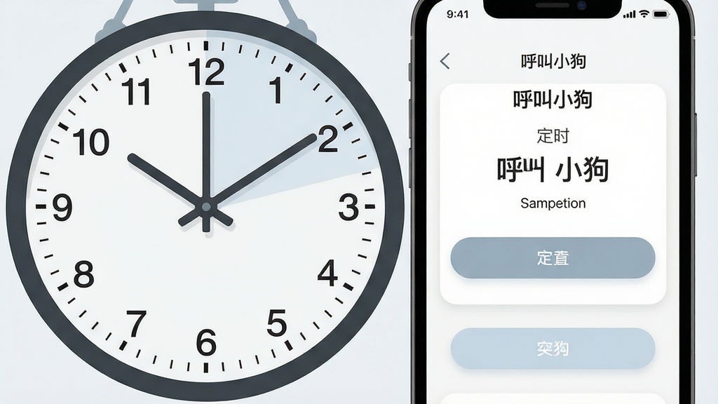 画面主体是一个时钟与手机应用界面融合的创意构图,时钟指针指向下午三点,手机屏幕上显示“呼叫小狗”定时设置面板,布局采用左右分割式排版,左侧为时钟元素、右侧为手机界面,风格为简约商务的扁平化设计,细节上时钟刻度清晰、手机界面按钮圆润、整体色调柔和,画质高清、干净、无多余元素。
