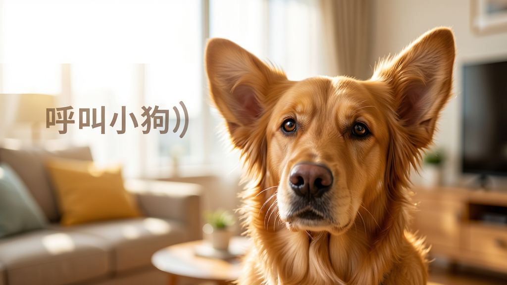 画面主体是一只金毛犬在阳光明媚的客厅里竖起耳朵、歪头倾听的生动瞬间,布局采用居中构图聚焦狗狗面部表情,排版上在画面左上角留出空白区域,风格为温馨写实的宠物摄影质感,细节上狗狗毛发蓬松有光泽、眼神清澈好奇、背景虚化突出主体,画面中浮现半透明的文字“呼叫小狗”和声波图标,画质高清、干净、无多余元素。
