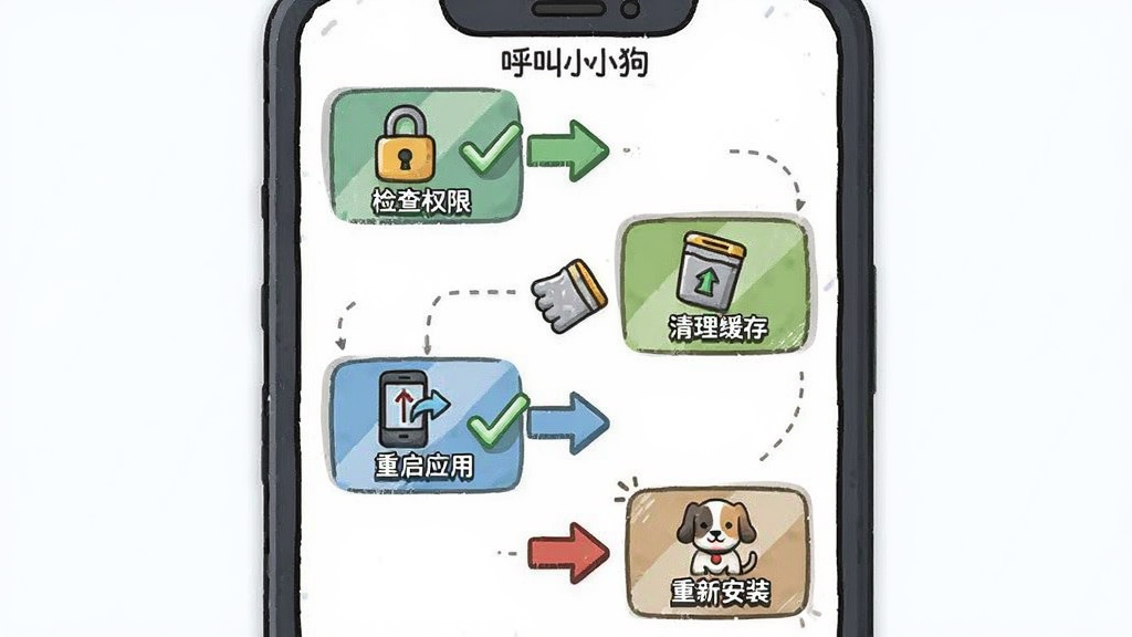 画面主体是一个卡通风格的手机界面故障排查流程图,布局采用从上到下的步骤式排版,风格为扁平化信息图风格,细节上包含“检查权限”、“清理缓存”、“重启应用”、“重新安装”四个步骤图标,每个步骤旁边有对勾或箭头指示,画面中带有“呼叫小狗”文字标识,画质清晰、干净、无多余元素。
