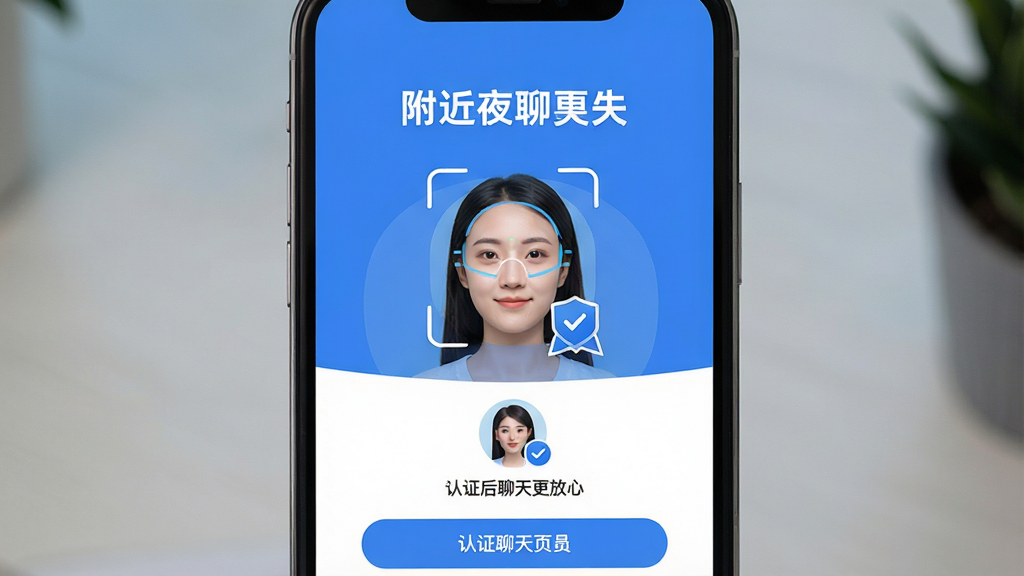 附近夜聊软件真人认证页面,主体为手机屏幕中央的人脸识别框与认证标识,布局为上下结构上方标题下方操作区,排版突出认证徽章与用户头像,风格清新安全系配色,细节包含蓝色认证勾选图标、提示文字“认证后聊天更放心”,画质高清,干净,无多余元素