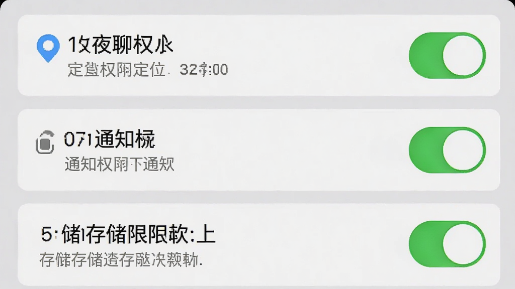附近夜聊软件设置页面截图,主体为手机屏幕内权限开关列表,布局为纵向排列的选项条目,排版清晰分区明确,风格简洁工具类界面,细节包含定位权限开关、通知权限开关、存储权限开关及对应说明文字,画质高清,干净,无多余元素