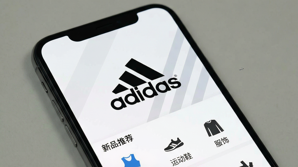 一张展示智能手机屏幕的图片,屏幕中显示阿迪达斯官方App的首页界面,画面中央是阿迪达斯三条纹Logo与“adidas”字样,背景是简洁的白色与浅灰色调,屏幕下方有“新品推荐”“运动鞋”“服饰”等分类图标,整体风格现代、干净,画质清晰,无多余元素,适合作为软件下载站预览图。