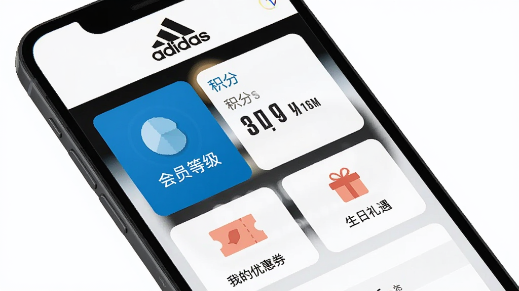 手机屏幕显示阿迪达斯App的会员中心页面,页面顶部有“adidas”Logo,中间是会员等级卡片和积分数字,下方有“我的优惠券”“生日礼遇”等图标,整体采用简洁的卡片式布局,风格现代,画质清晰,无杂乱元素。