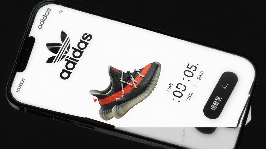 画面展示一部手机,屏幕上是阿迪达斯App的限量发售页面,有“adidas”标志和一双Yeezy风格运动鞋的图片,旁边有倒计时和“提醒我”按钮,背景为深色以突出商品,风格酷炫,画质干净,无多余装饰。