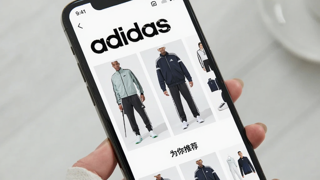 手机屏幕显示阿迪达斯App的推荐页面,画面中有“adidas”字样和几款运动服饰的搭配图,下方有“为你推荐”标签,布局采用杂志式排版,风格时尚清新,画质清晰,无多余元素。