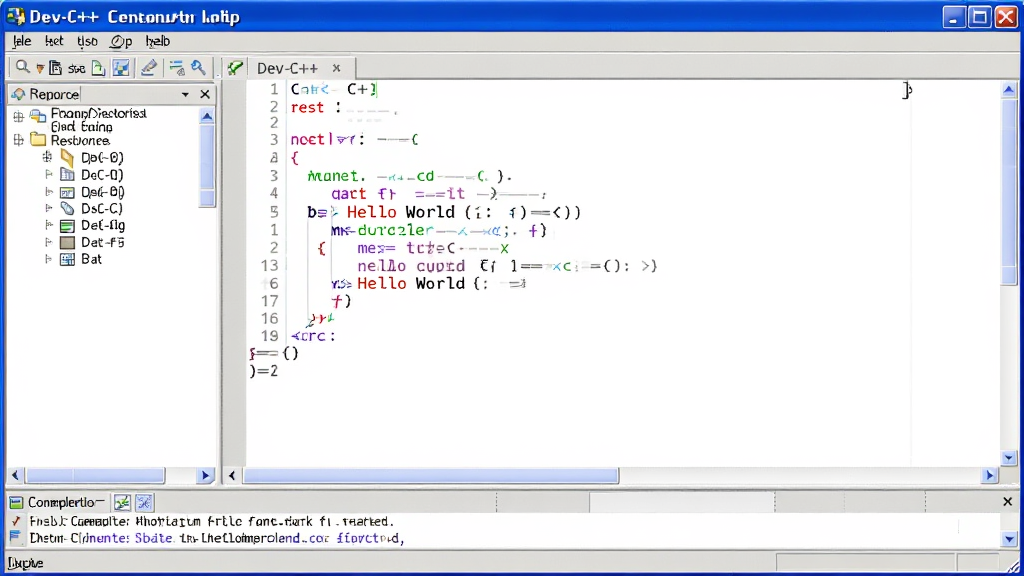 һ��չʾ Dev-C++ �����������ͼƬ�����������Ǿ������ɫ�������Ͱ�ɫ����༭���򣬱༭������ʾһ�β�ɫ�� C++ ���� Hello World ���룬���Ϊ������Դ��������壬�ײ�Ϊ���������Ϣ�������岼�ּ�����������Ϊ��ʵ�� Windows ����������ͼЧ������������������ɾ����޶���Ԫ�ء�
