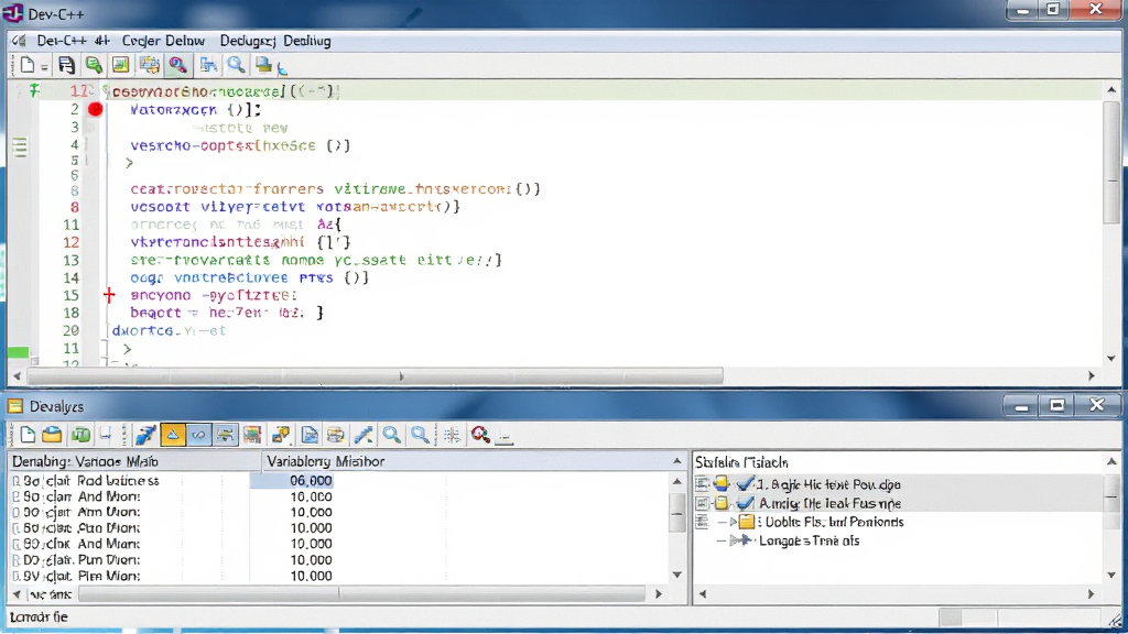 һ��չʾ Dev-C++ �������Թ��ܵĽ����ͼ�������д���༭������к�ɫ�ϵ��ǣ��ײ����Դ�����ʾ���������б��͵��ö�ջ��Ϣ���������е��԰�ť���ڼ���״̬��������Ϊ��ʵ�� Windows �������棬����������ϸ�ڷḻ������ɾ����޶���Ԫ�ء�