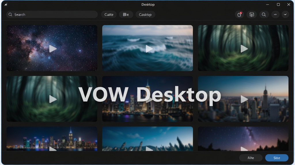 һ�� VOW Desktop ��ֽ����������չʾͼ�������������������ڣ���������������ʽ�����Ŷ��Ŷ�̬��ֽ����ͼ�������ǿա�����ɭ�֡�����ҹ���Ȳ�ͬ���⣬ÿ������ͼ����΢΢�Ķ�̬ģ��Ч����ʾ���ڲ��ţ�����Ϊ�������񣬷��Ϊ��ɫ������ִ� UI��ϸ�ڰ�������������������ɸѡ��ǩ�����½ǵ�Ӧ�ð�ť�������д������� 