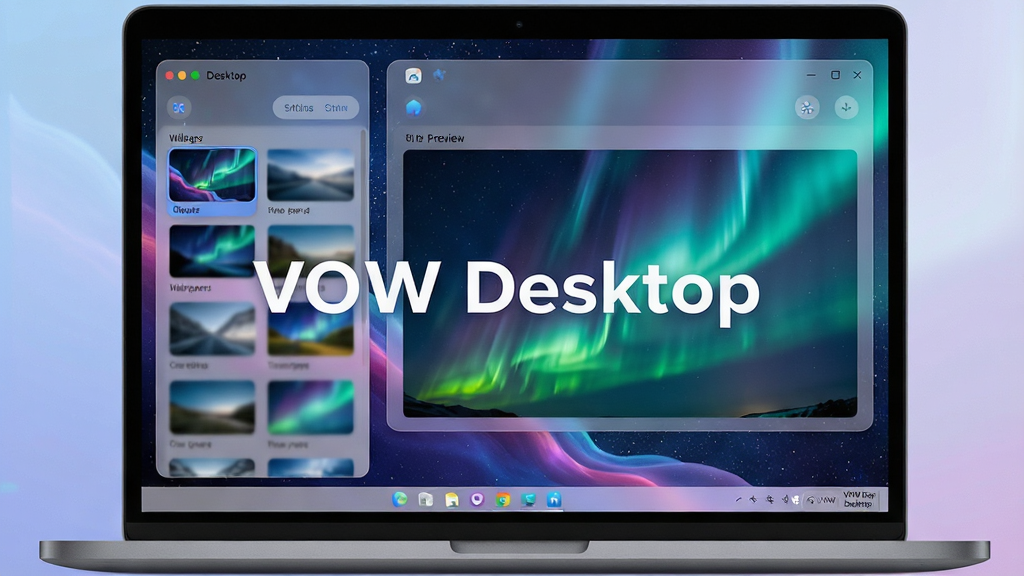 һ��չʾ VOW Desktop �������������Ч��ͼ������������һ̨�򿪵ıʼǱ����ԣ���Ļ�ϳ��� VOW Desktop �Ķ�̬��ֽ���ý��棬�������Ϊ��ֽ���б����Ҳ�ΪʵʱԤ�����ڣ����汳�����������ǿ��뼫��Ч�������ָɾ����࣬���Ϊ�ִ��Ƽ��� UI ��ƣ�ϸ�ڰ�����͸��ë����Ч������塢Բ��ͼ�ꡢ��͵�����ɫ����ɫ���������д������� 